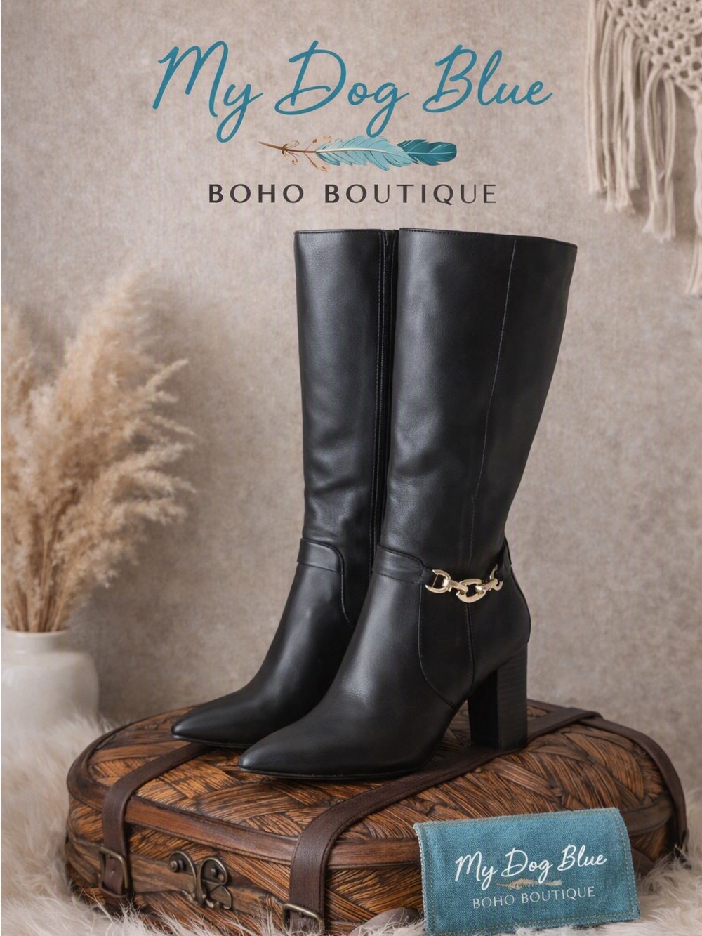 Bandolino Black Knee-High Heeled Boots with Gold Chain Detail